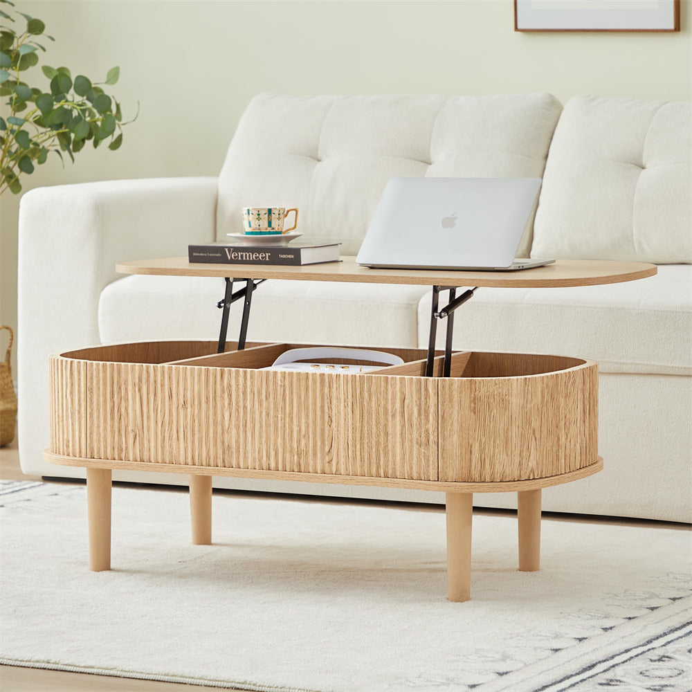 Modern Oval Fluted Wooden Lift Top Coffee Table with Hidden Compartment