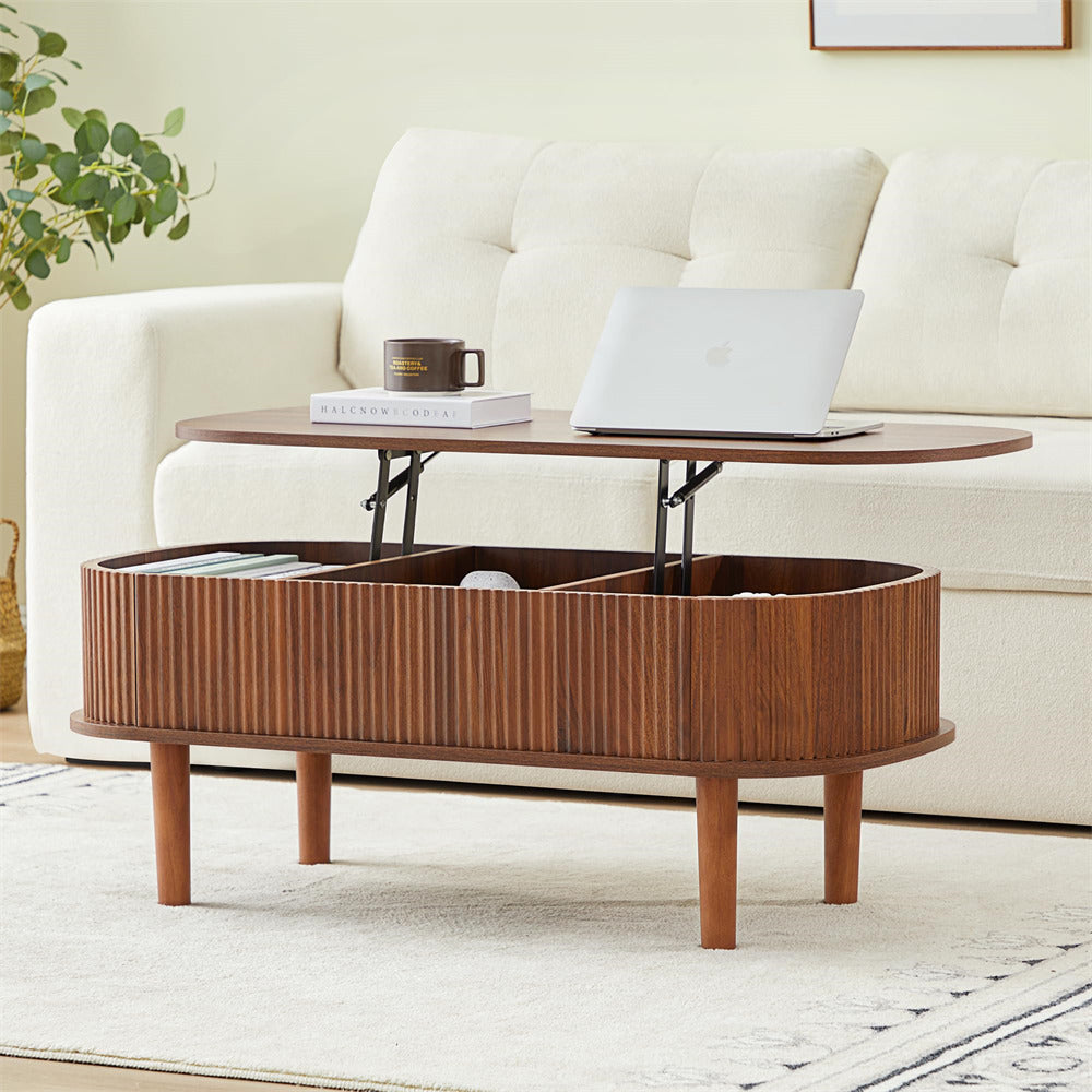 Modern Oval Fluted Wooden Lift Top Coffee Table with Hidden Compartment
