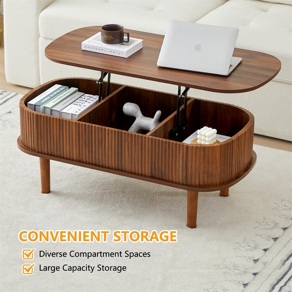 Modern Oval Fluted Wooden Lift Top Coffee Table with Hidden Compartment